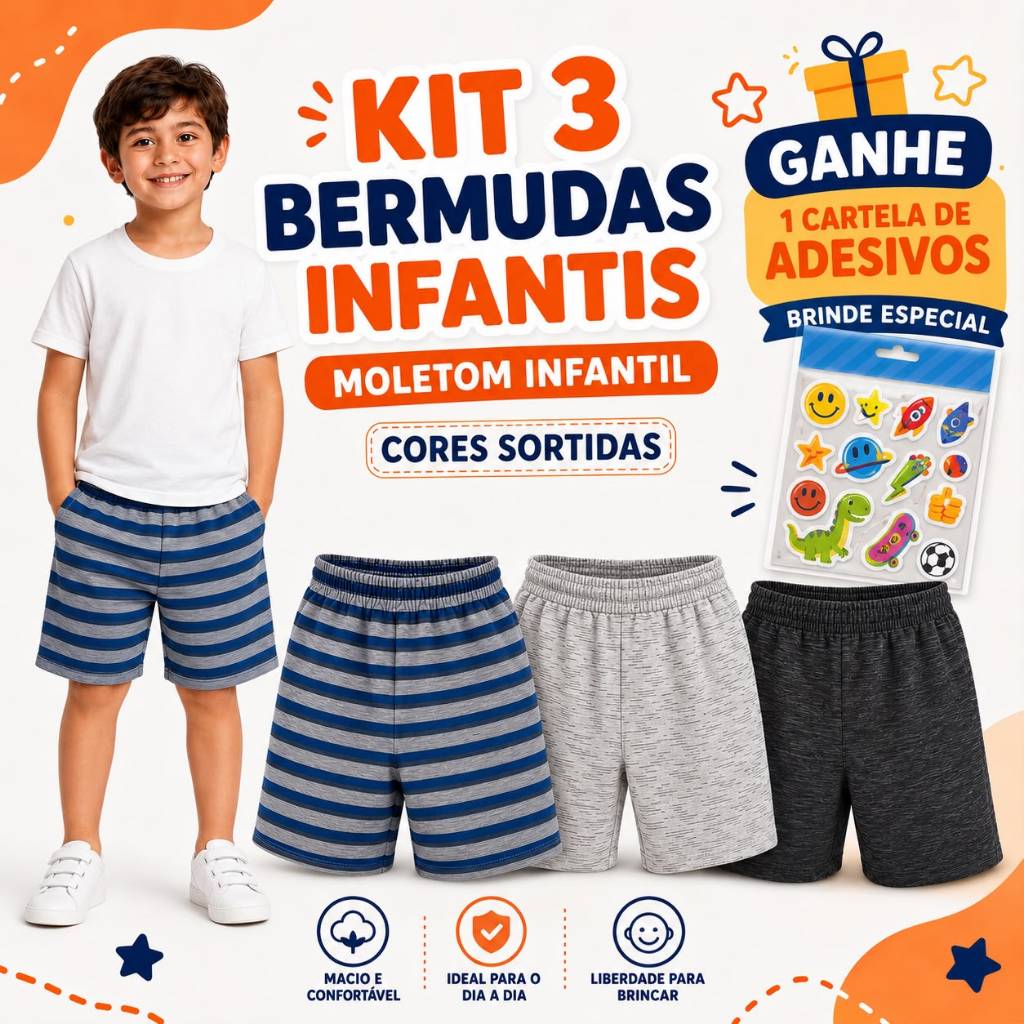 KIT 3 BERMUDAS MOLETOM +BRINDE SHORTS MENINO INFANTIL JUVENIL CORES SORTIDAS TAM 4,6,8,10,12 ACABAMENTO DE QUALIDADE