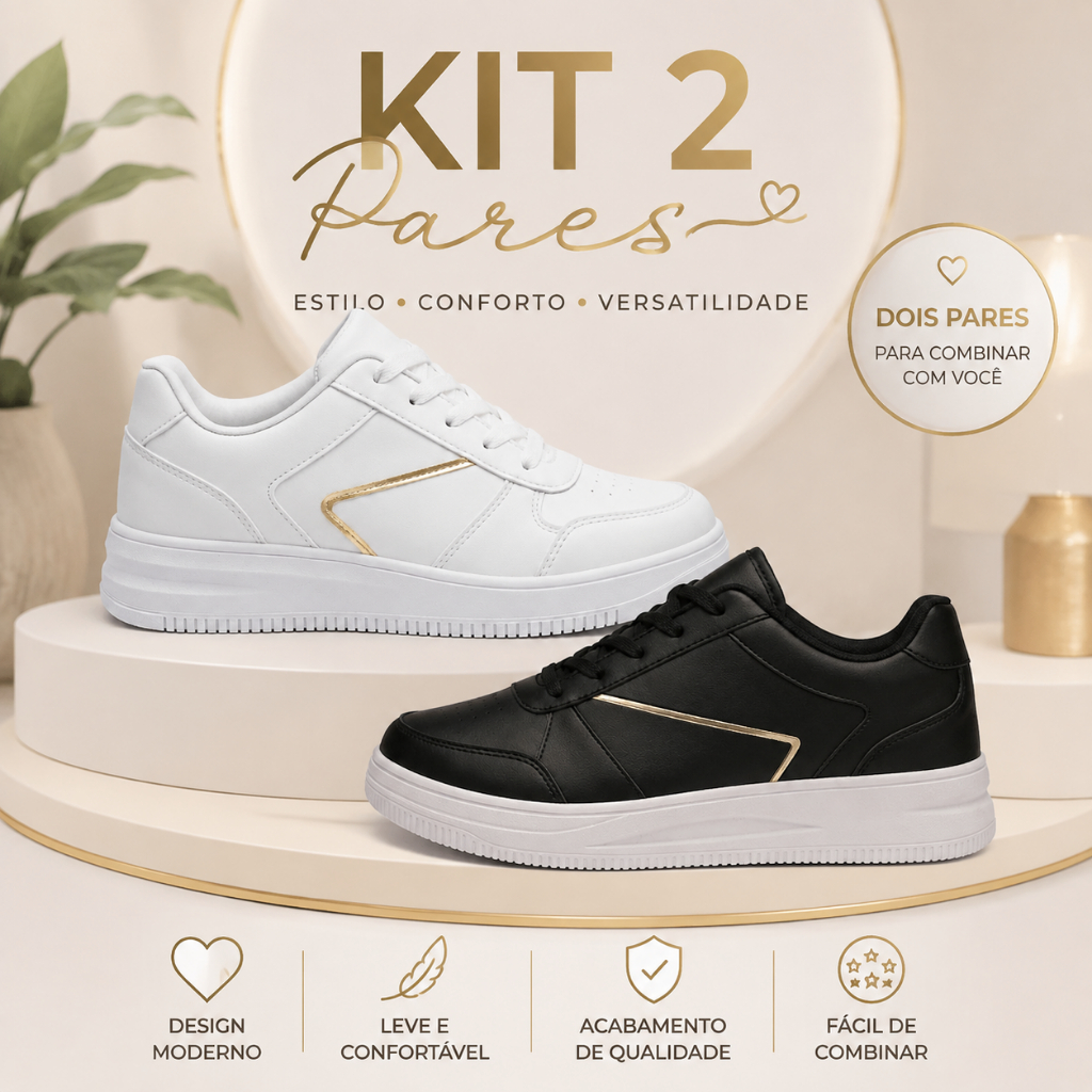 Kit 2 Pares Tênis Feminino Casual Sneaker Estiloso Leve Confortável Solado Macio Passeio