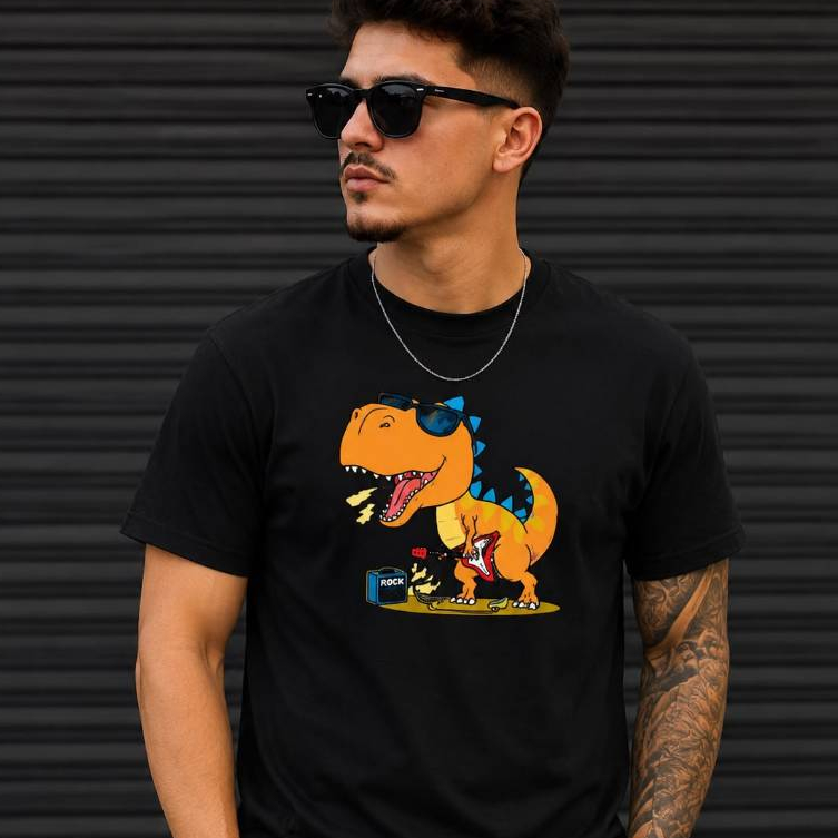 Camiseta Masculina T-Rex Rock Dinossauro Infantil Juvenil Estampada Algodão Streetwear Moda Casual