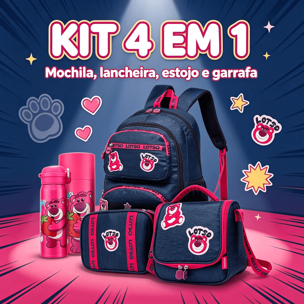 Kit Mochila Lancheira Estojo Garrafa Juvenil Lotso Toy Stoy Reforçada