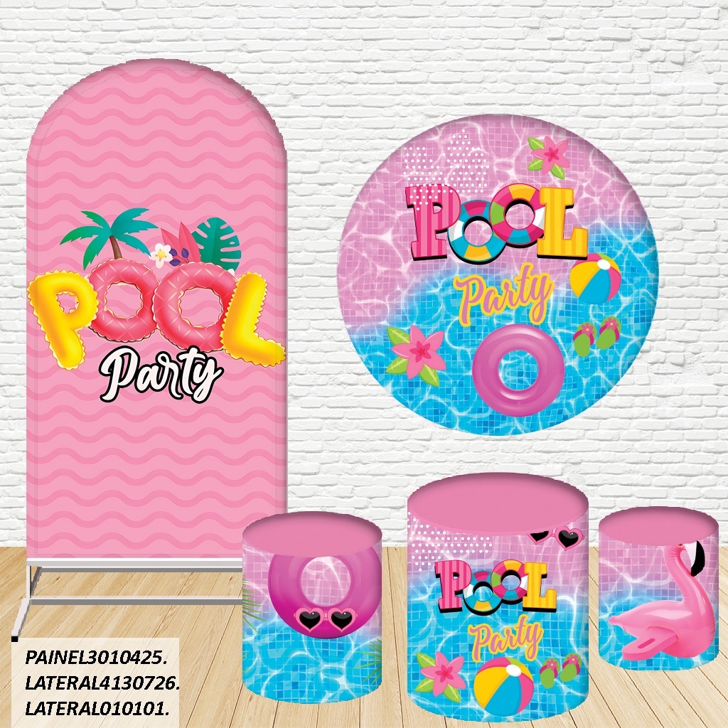 Kit de Capas Painel Redondo Sublimado Pool Party 1,50M + Trio Capas de Cilindro C/Elástico