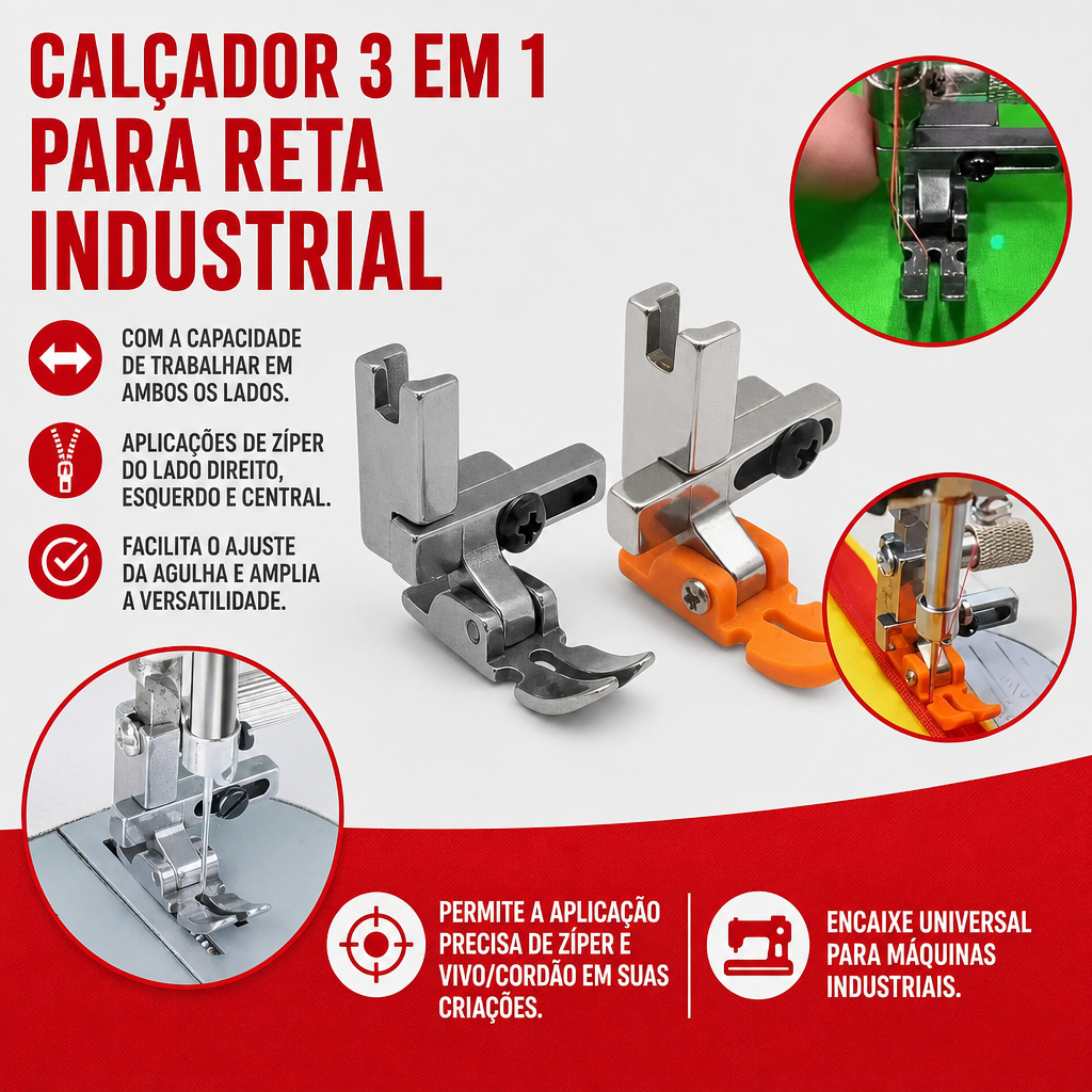 Calcador Pezinho Maquina Reta Ziper 3 Em 1 Com Regulagem