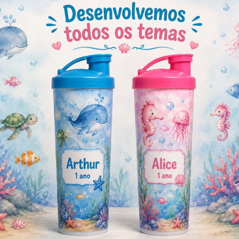 KIT 10 à 35 COPO LONG DRINK 300ML COM TAMPA FLIP PERSONALIZADO FESTA - EVENTOS TODOS OS TEMAS