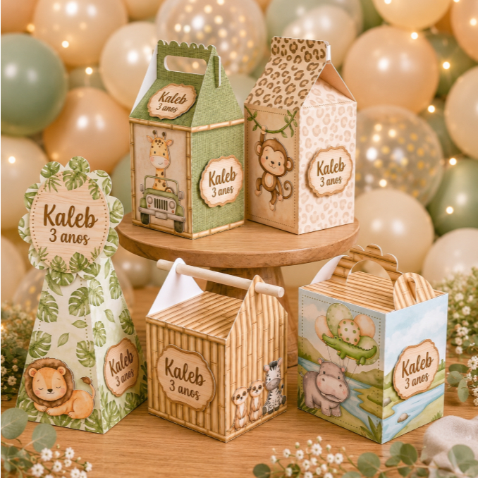 Caixinhas Safari Personalizadas com Nome | Kit Lembrancinhas Aniversário
