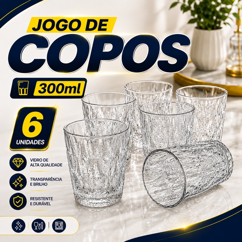 Copo de Vidro 6 Unidades 300ml Grosso Diamante Elegante Água Suco Refrigerante Resistente