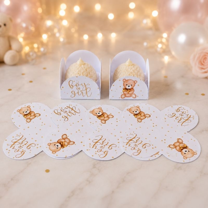 Forminhas de Doces Personalizadas no Tema Ursinho Bege Neutro /Lembrancinha de Festa /Aniversário/ 4 pétalas