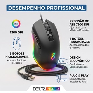 Mouse Gamer com Fio USB RGB 7200 DPI Regulável 6 Botões Design Ergonômico para PC Notebook