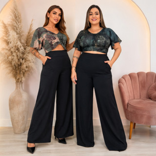 Calça Feminina Wide Leg Preta Social casual Bolsos Sem Transparência Calça Larga Calça Soltinha Trabalho