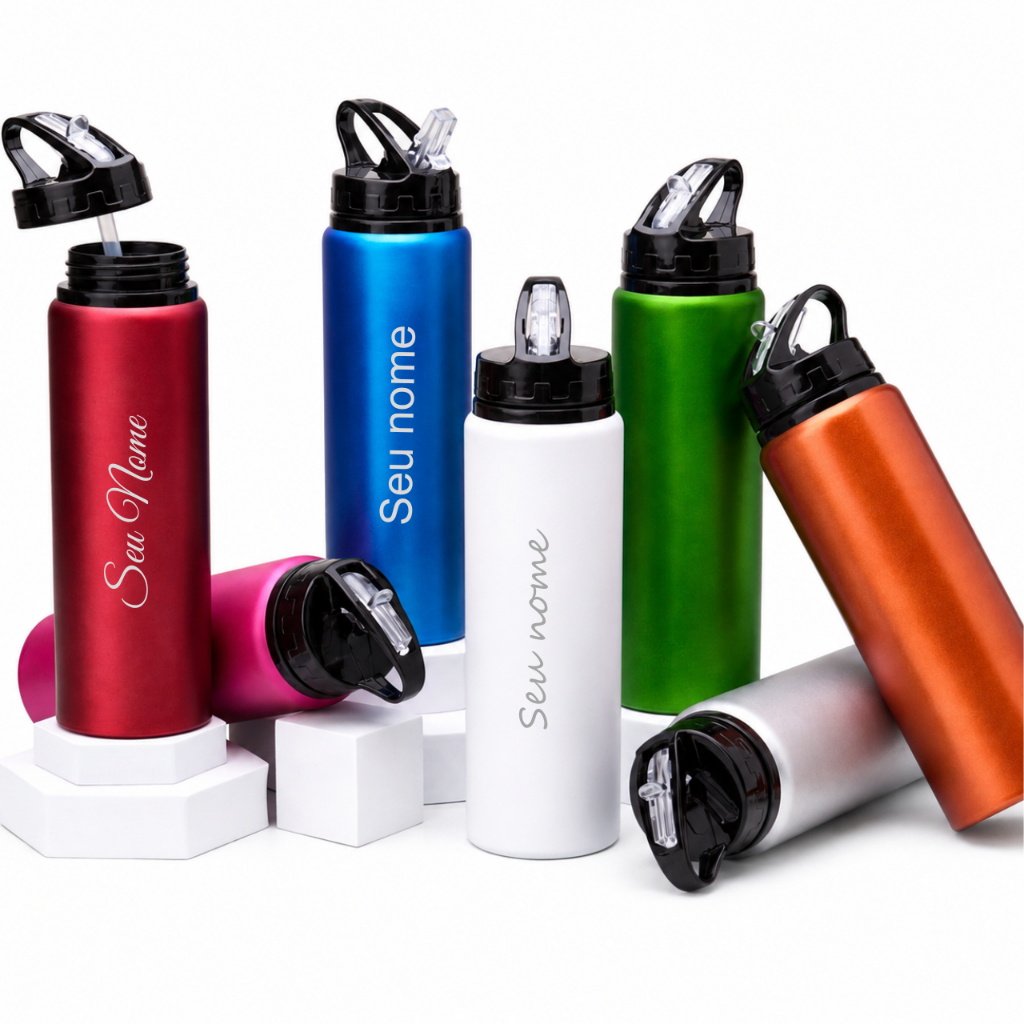 Garrafa Squeeze Alumínio 800ml Personalizada | Com Nome e Canudo | Academia, Escola e Presente