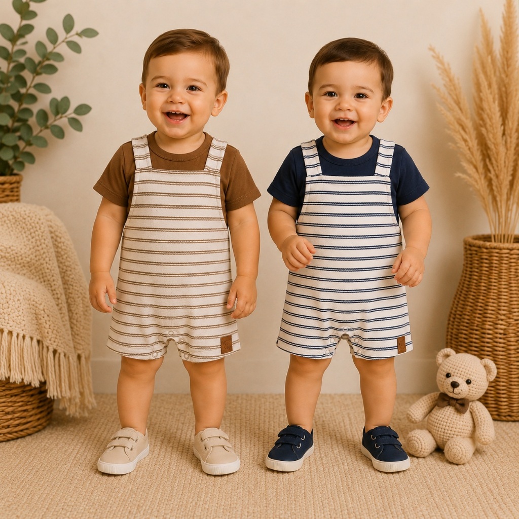 Conjunto Bebê Hrradinho Jardineira Listrada em Moletinho + Camiseta 100% Algodão Meia Malha Menino Confortável