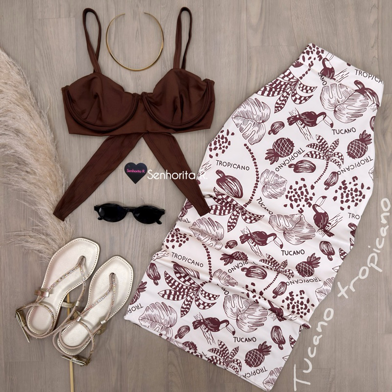 LANÇAMENTO Conjunto Saia Midi Cropped Top Aro Suplex Praiano Verão Moda Resort Estampado Borboletas Floral Tropical