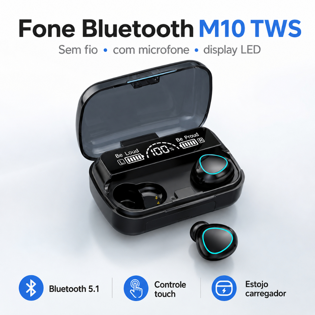Fone de Ouvido Bluetooth M10 TWS Sem Fio com Microfone Display LED e Estojo Carregador