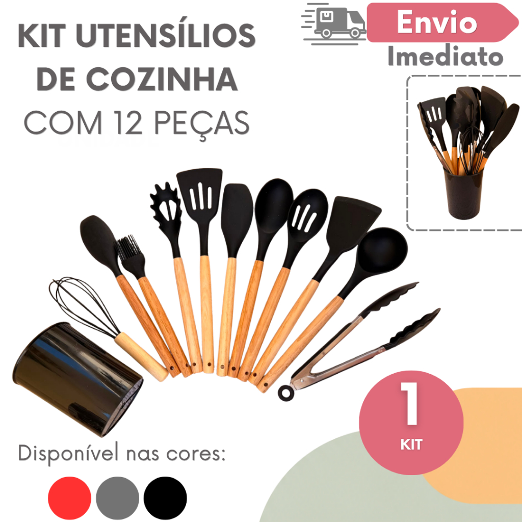 Kit Utensílios de Silicone 12 Peças com Suporte Organizador Resistente ao Calor para Panelas Antiaderentes