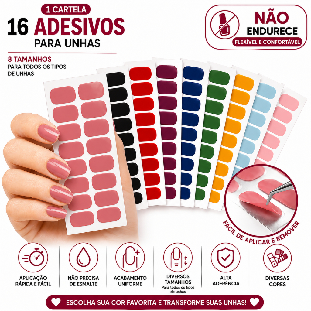 ADESIVOS DE UNHA PODE SER APLICADO COM LUZ UV PARA PROLONGAR A VIDA - Pronta para Usar Fácil Aplicação Cores Variadas