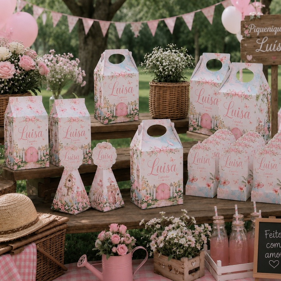 Kits Lembrancinhas Jardim Encantado Luxo Personalizado - Nome e Idade - Envio Rápido - Caixas Pirâmide Milk Sacolinhas