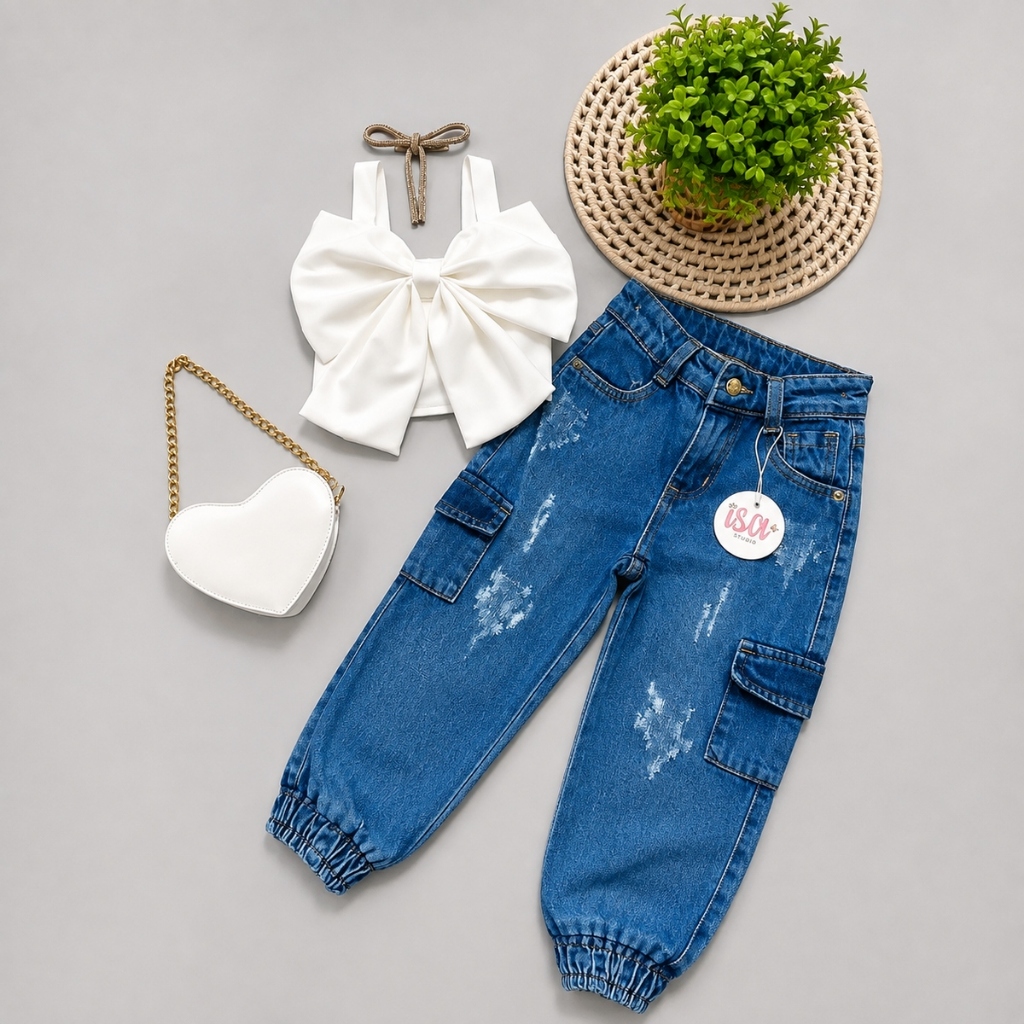 Conjunto Infantil Feminino Cropped Laço + Calça Jogger Jeans Cargo moda menina Blogueirinha