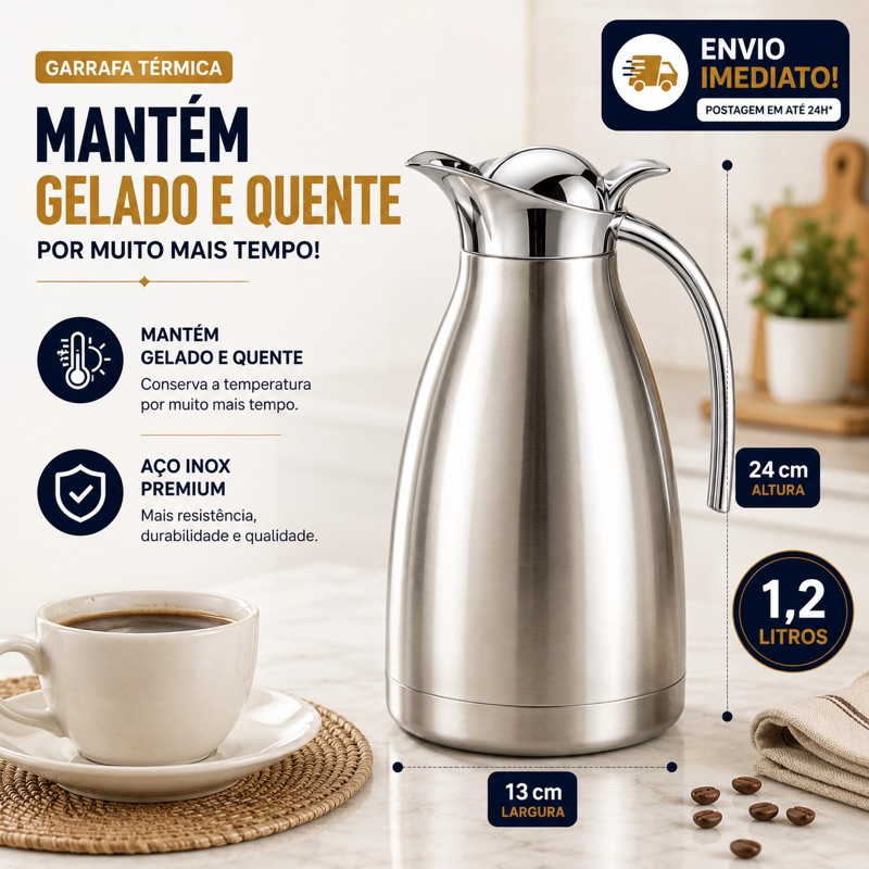 Garrafa Térmica Café Chrome Lux Aço Inox 1,2L - Servir Quente Frio Temperatura Por Mais Tempo