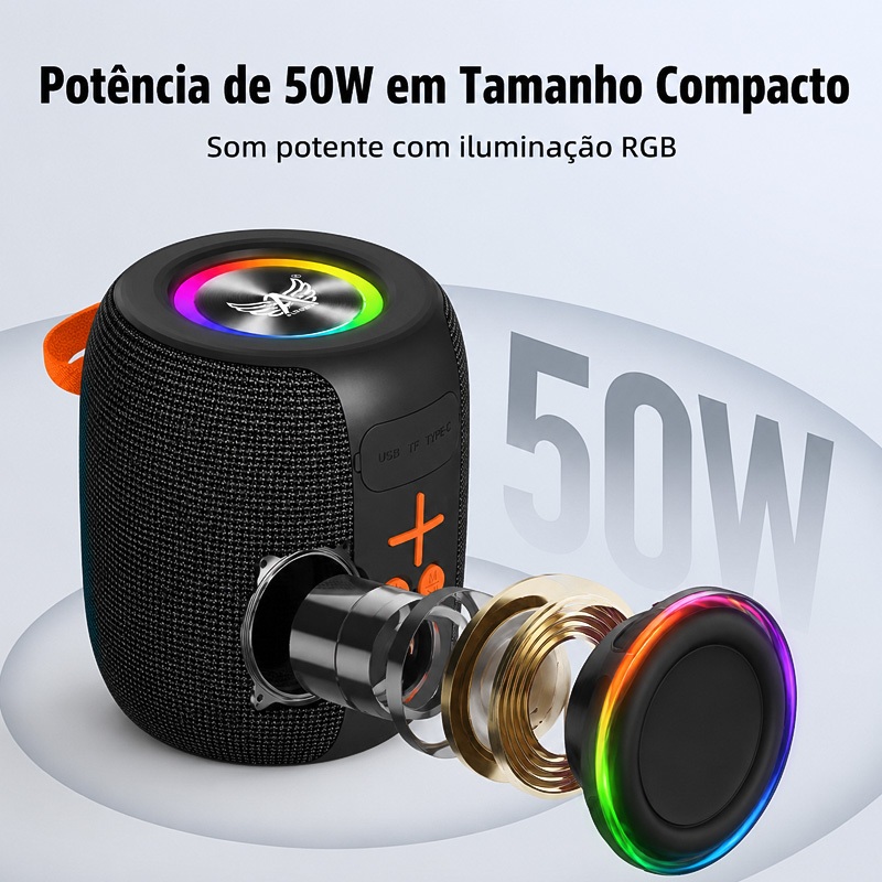 Caixa de Som Bluetooth TWS 50W IPX6 Luz LED RGB Entrada TF USB Rádio FM — imagem 2 de 2