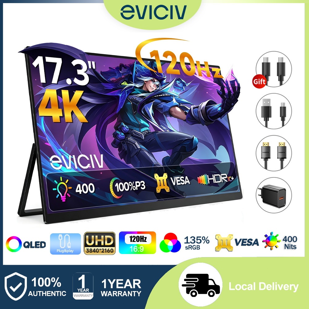 EVICIV Monitor Portátil Gamer 17,3" 4K 120Hz 100%DCI-P3 400 Nits QLED Fosco HDR