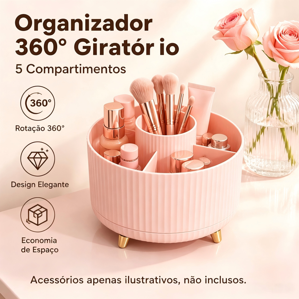 Organizador Giratório 360° Porta Maquiagem, 5 Compartimentos Cosméticos Skincare Penteadeira, Branco Creme e Rosa