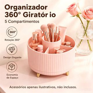 Organizador Giratório 360° Porta Maquiagem, 5 Compartimentos Cosméticos Skincare Penteadeira, Branco Creme e Rosa