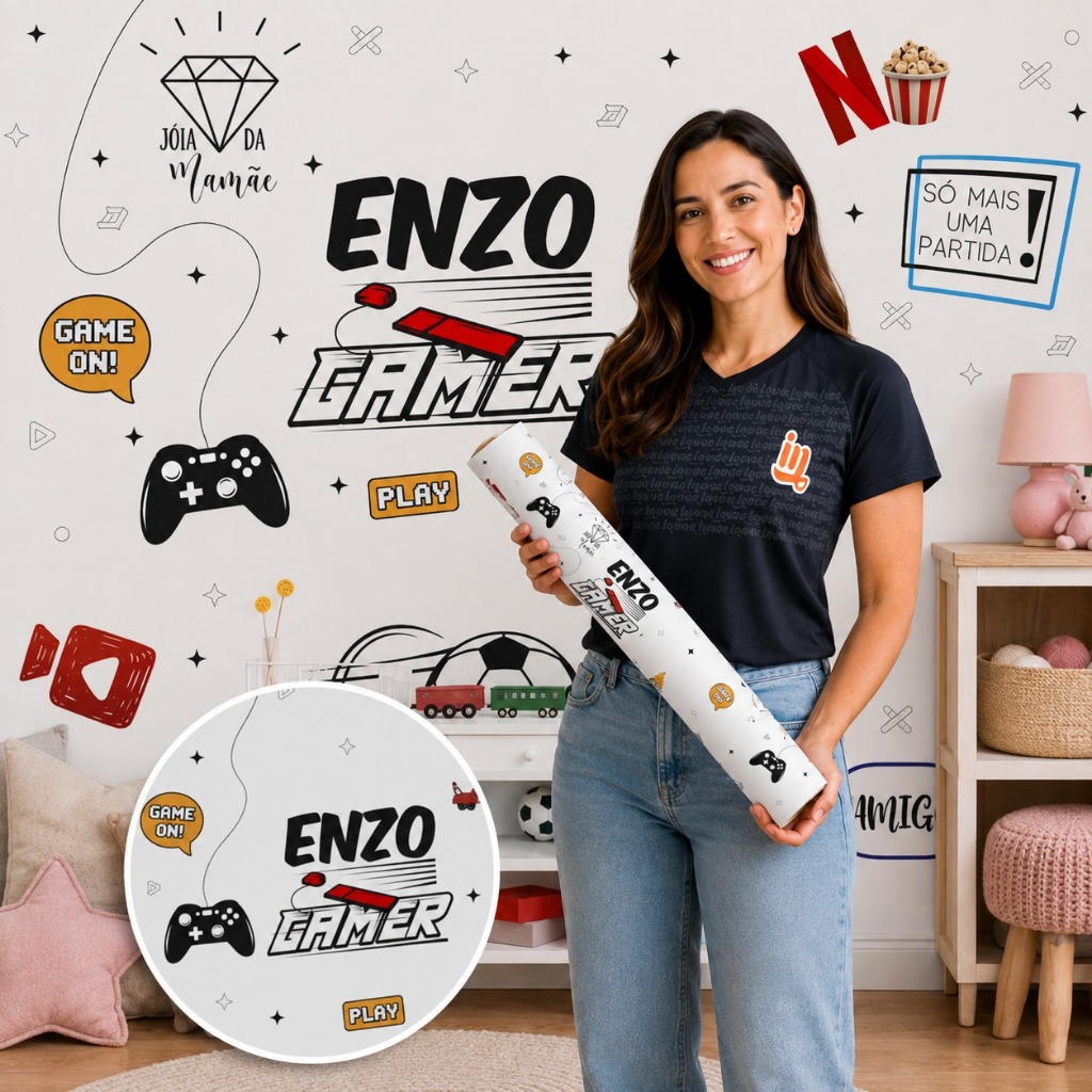 Papel de Parede Autocolante Gamer Personalizado com Nome para Quarto de Menino