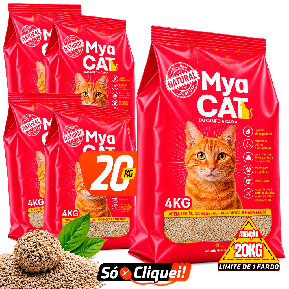 Kit 5 Pacotes Areia Sanitária de Mandioca Mya Cat 20KG Granulado Higiênico de Gato Biodegradável Torrões Firmes