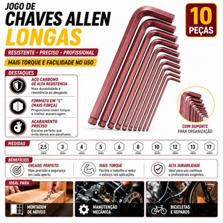 Jogo de Chave L Allen Kit 10 Chaves Extra Grande Longa 2,5 á 17mm Com Estojo