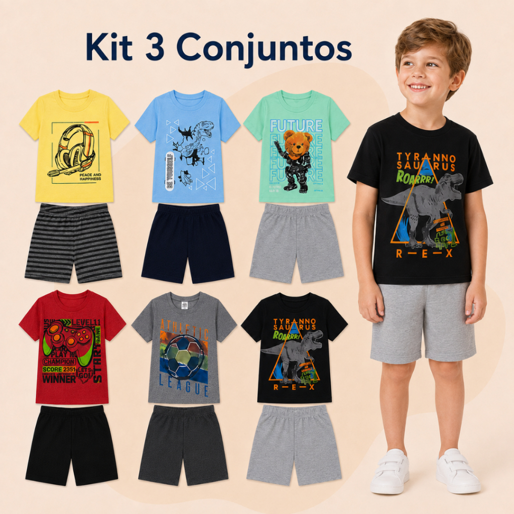 Kit 6 Peças Conjunto  Infantil Masculino Menino Verão Atacado 4 camisetas e 4 Shorts 4 ao14