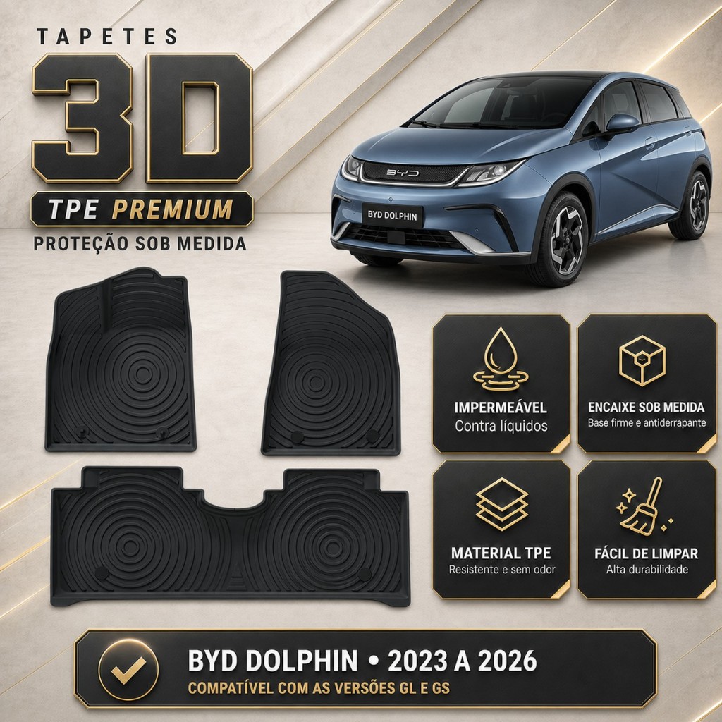 Jogo de Tapetes Com 3 Peças Premium Bandeja De Borracha TPE 3D Para BYD Dolphin