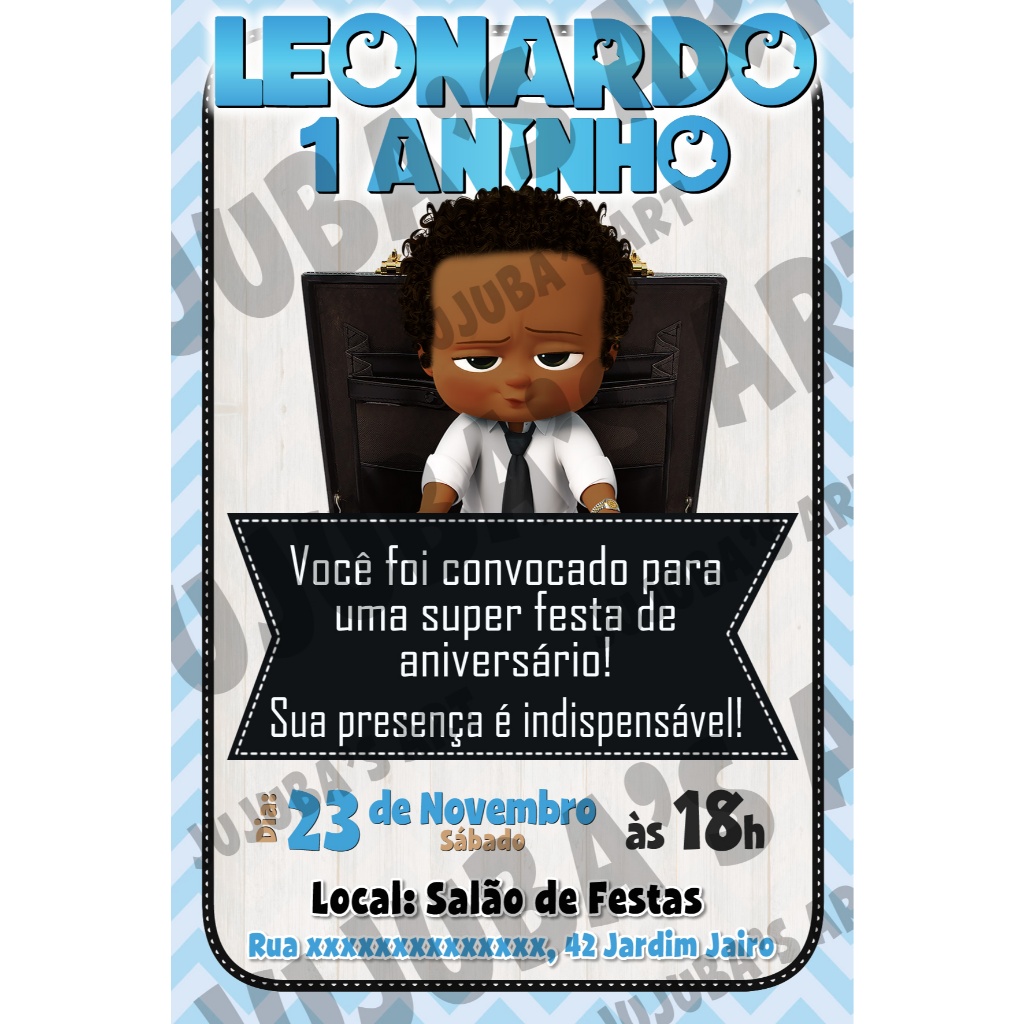 Convite de Aniversário Infantil tema Poderoso Chefinho Negro Personalizado com Envelope Branco