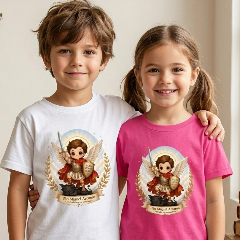 Camiseta São Miguel Arcanjo Infantil Religiosa Católica Algodão Unissex Adulto e Infantil Branca Preta Bege Rosa