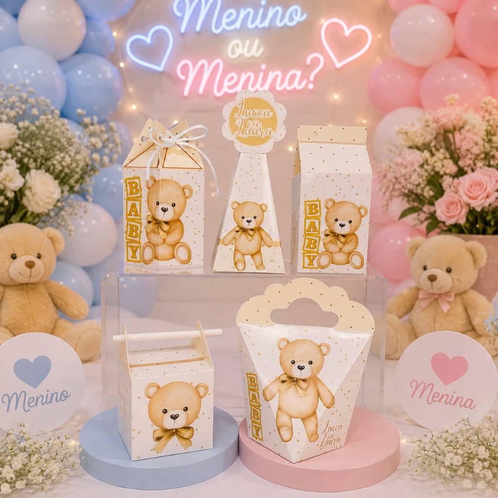 Kit 20 Personalizados  - CHÁ REVELAÇÃO NEUTRO / URSINHO - Caixas para Lembrancinhas de aniversário (DESMONTADO)
