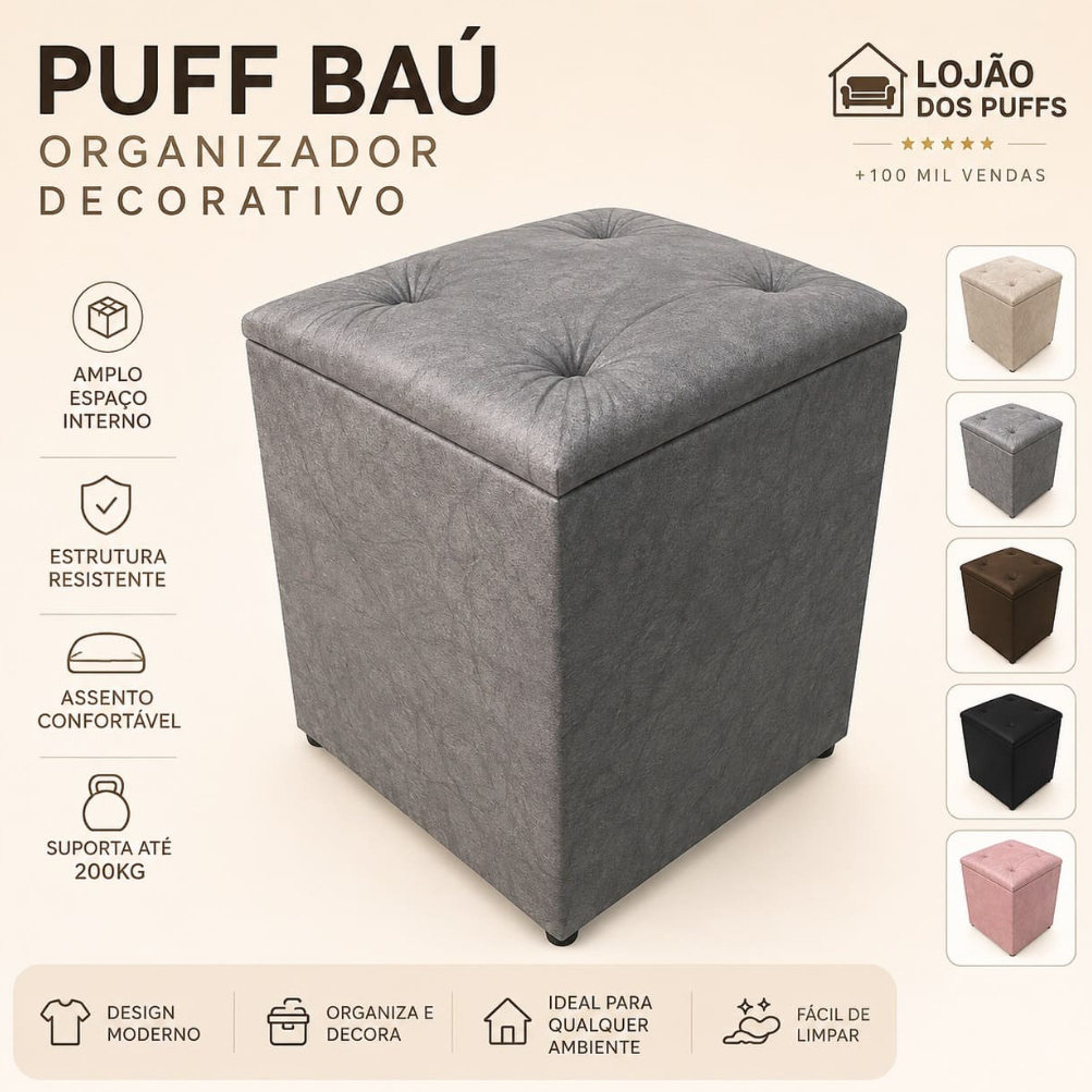 PUFF BAÚ SUEDE PORTA OBJETOS BRINQUEDOS SAPATOS ROUPAS DECORAÇÃO CASA QUARTO PENTEADEIRA CLOSET PUFF