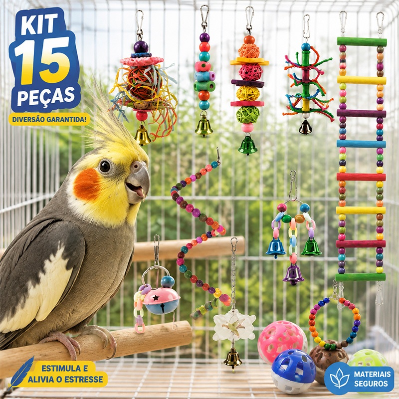 Kit Brinquedos para Calopsita 15 Peças Acessórios para Gaiola de Pássaros Papagaio, Agapornis e Periquito