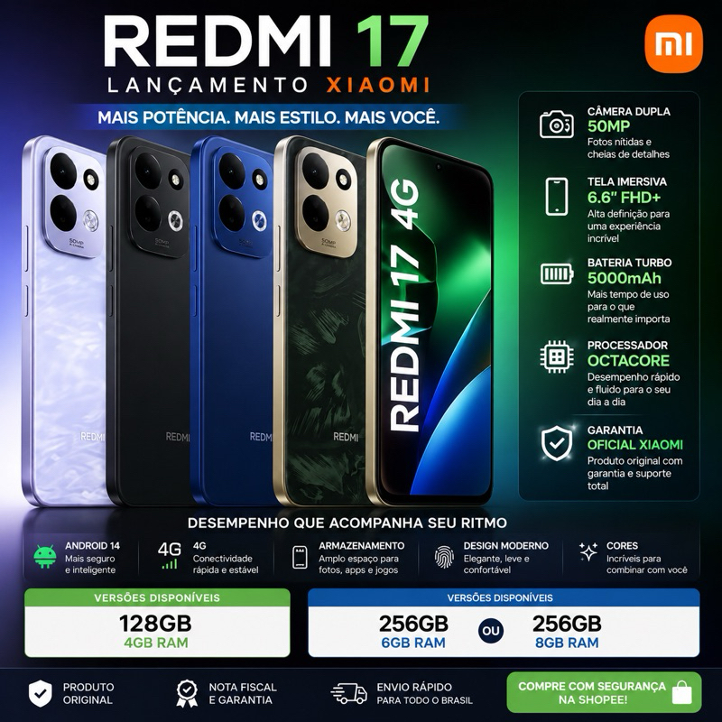 Xapmi Redmi 17 4G 256GB 8GB RAM Xiaomi Lançamento Original Câmera 50MP Tela FHD+