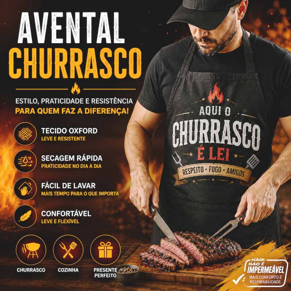 Avental Personalizado para Churrasco, Tecido Oxford Premium de alta resistência, Lavável e de fácil limpeza.