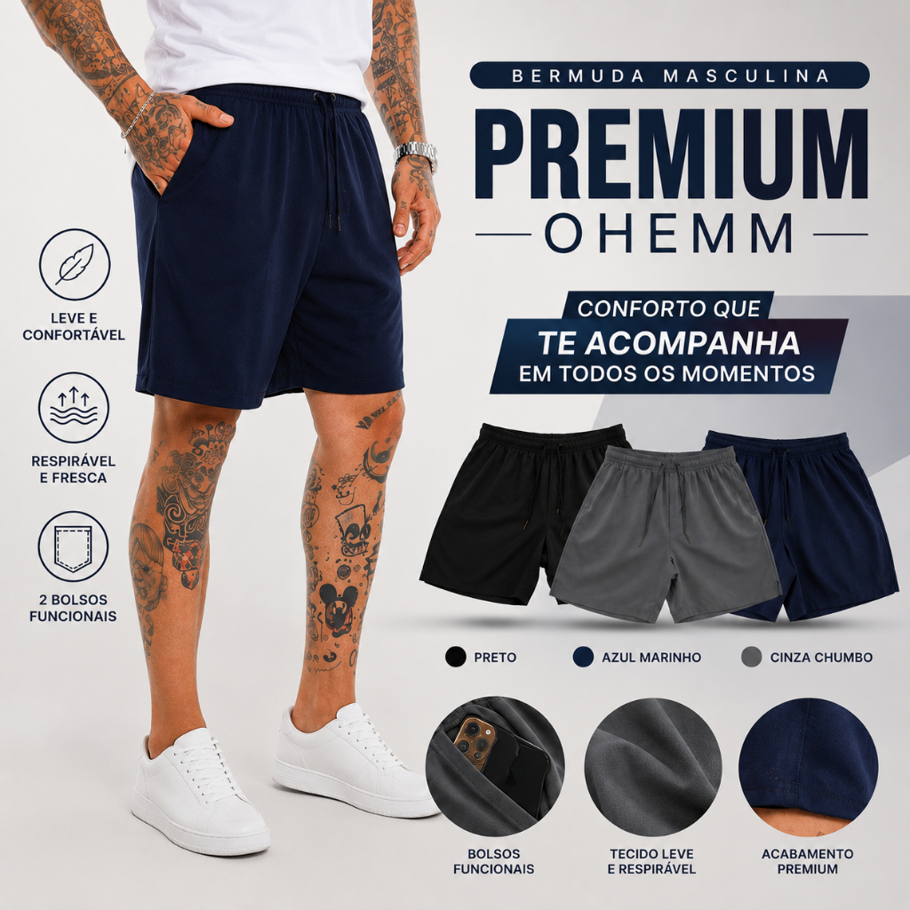 Bermuda Masculina Premium Ohemm Com Elastano Secagem Rápida Academia Verão