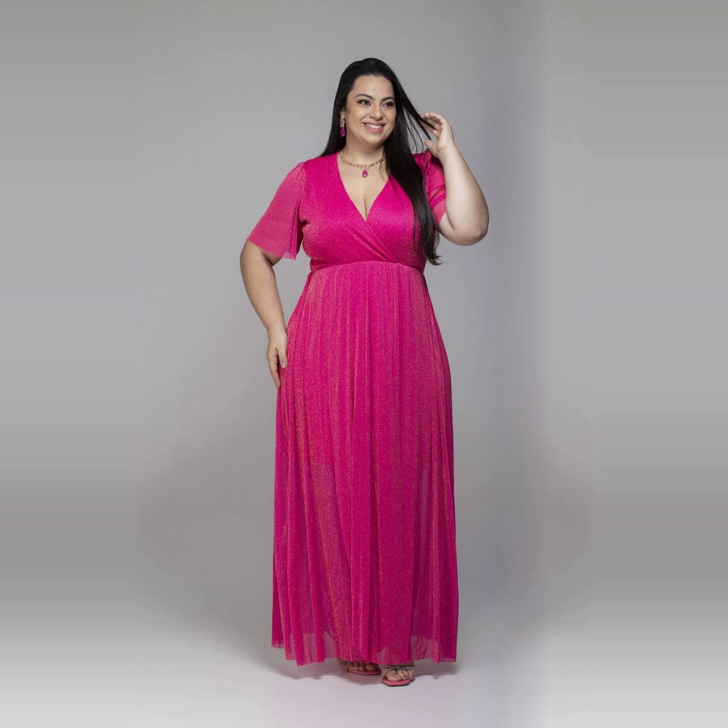 Vestido Festa Plus Size Manga Curta De Tule Transpassado G1 G2 G3