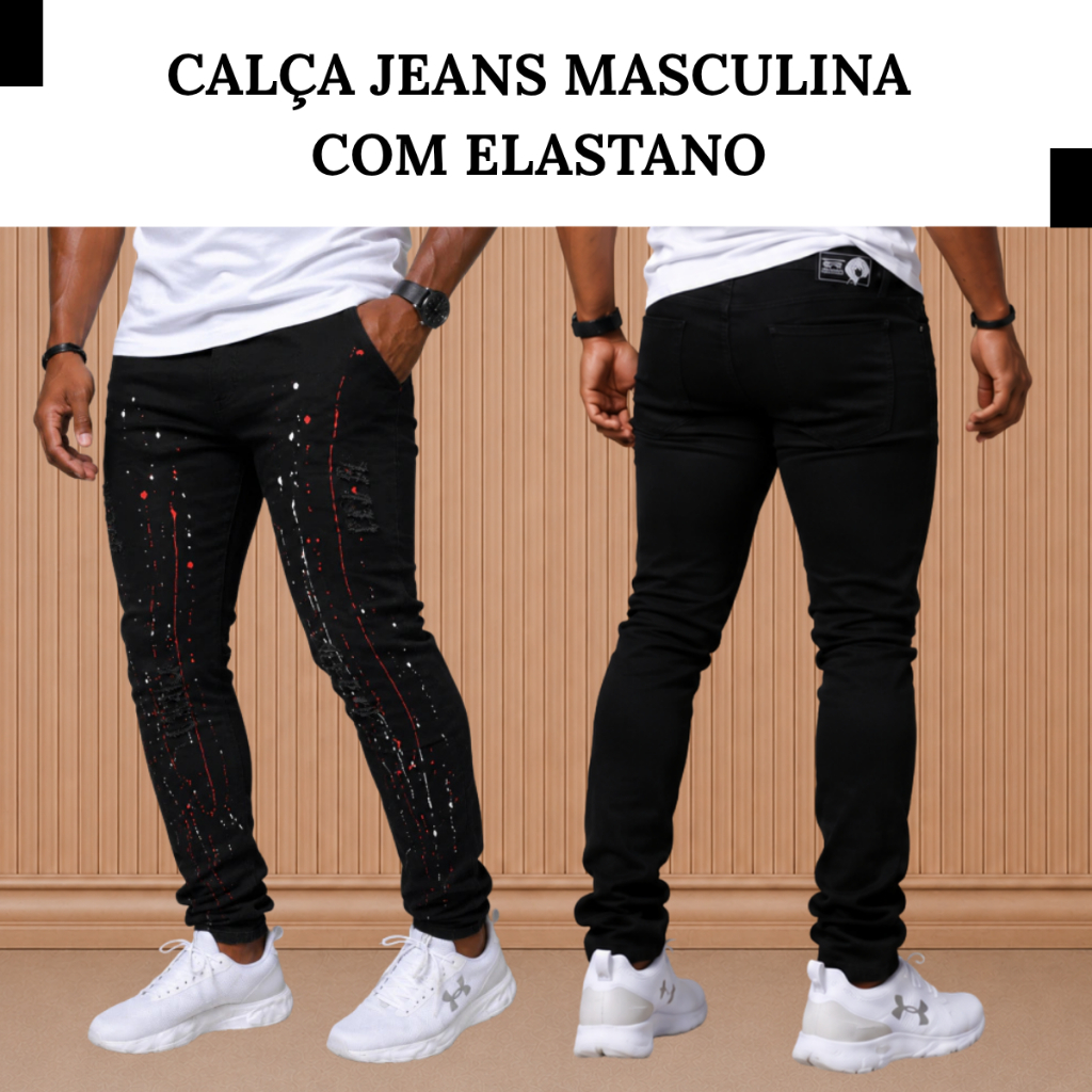 Calça Masculina Jeans Slim Elastano Premium Detalhe em Splash - Estilo Jogador