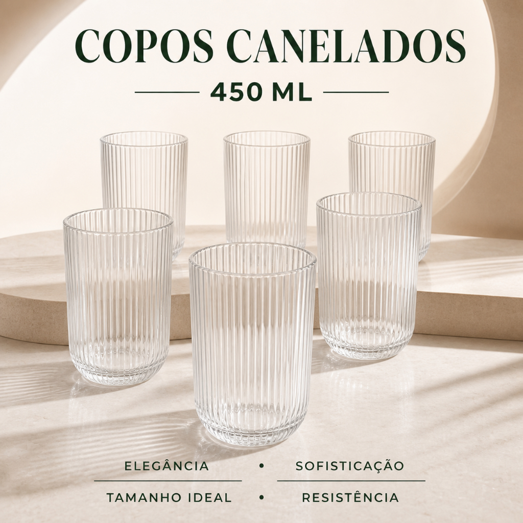 Kit Copos Canelados De Vidro 450ml 🌟 Aesthetic ✨ Jogo Premium Grafiato Água Suco Drinks 🍹6 12 18 24