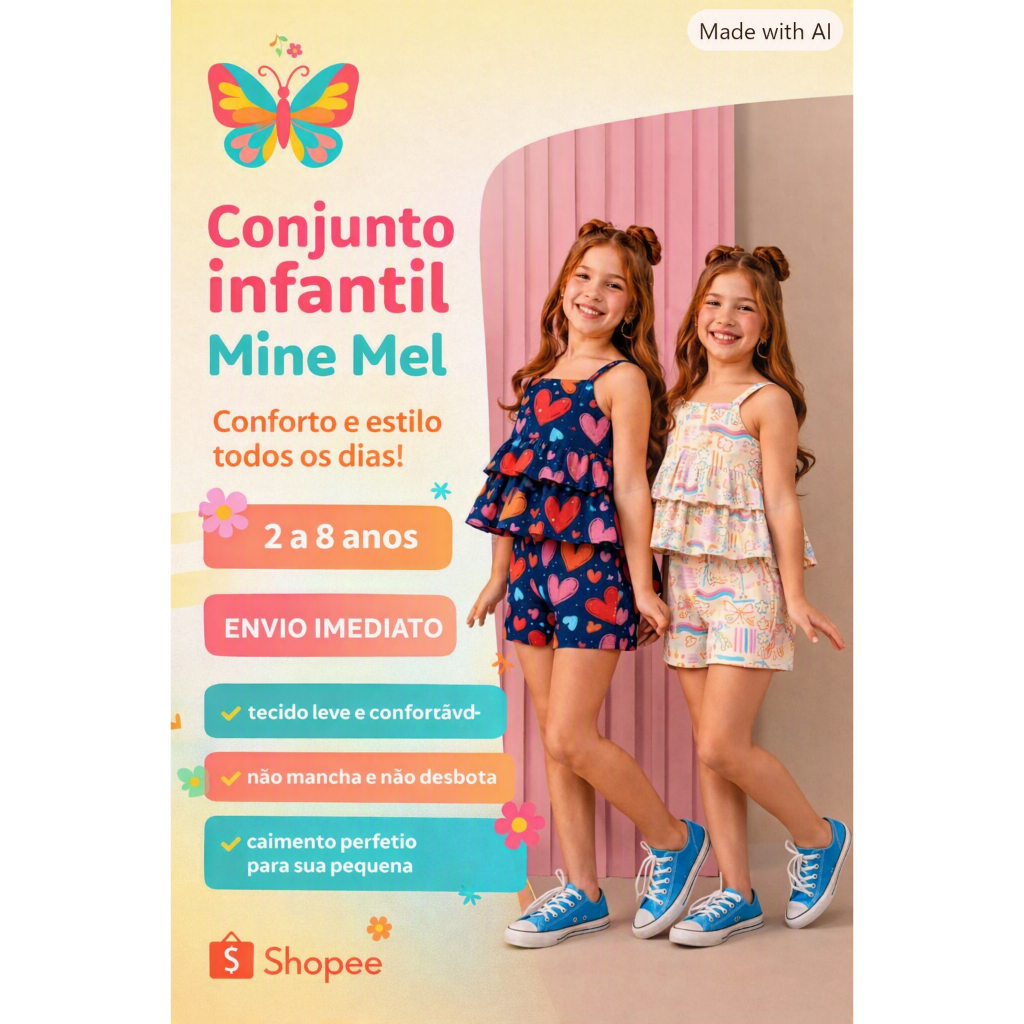 Conjunto infantil feminino verão menina de babado roupa estampado confortável  2 a 8 anos