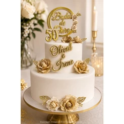Topo de bolo Bodas de Ouro| Bodas| Casamento|Flores