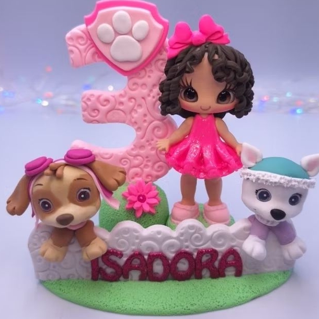 Topo de bolo Vela Patrulha Canina em biscuit personalizada menina, aniversário festa infantil menina Patrulha Canina