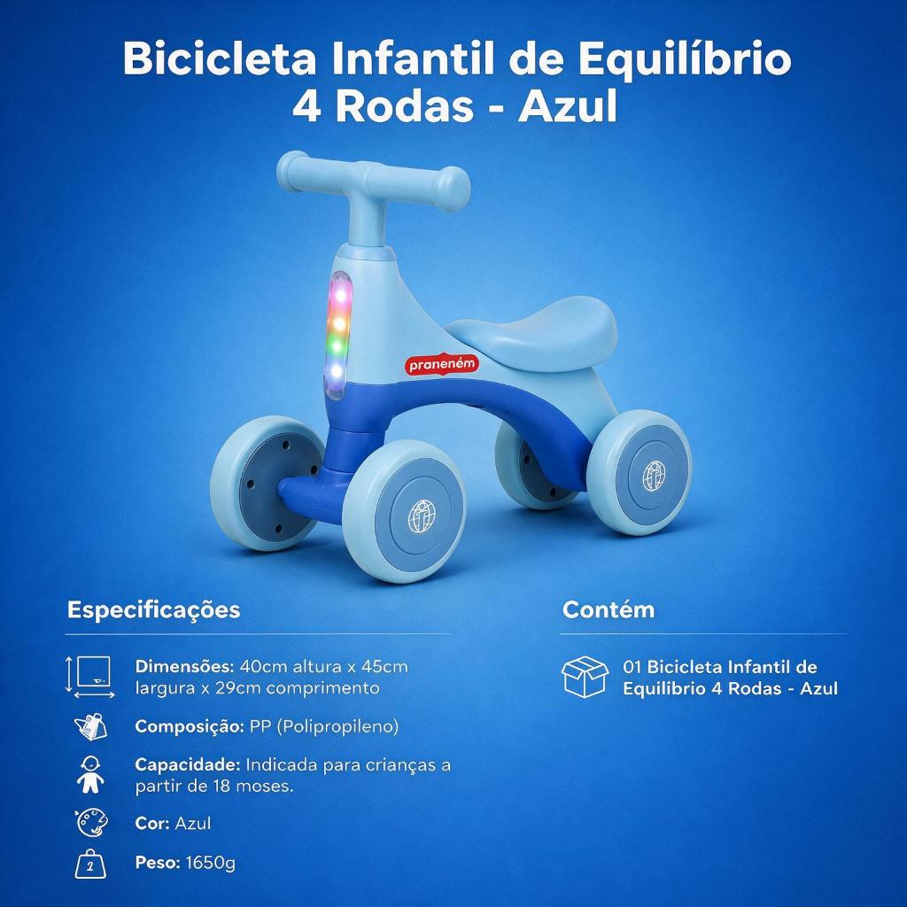 Bicicleta Infantil de Equilíbrio - 4 Rodas - Azul ou Rosa, Segurança, Estabilidade, Diversão, Músicas e Show de Luzes