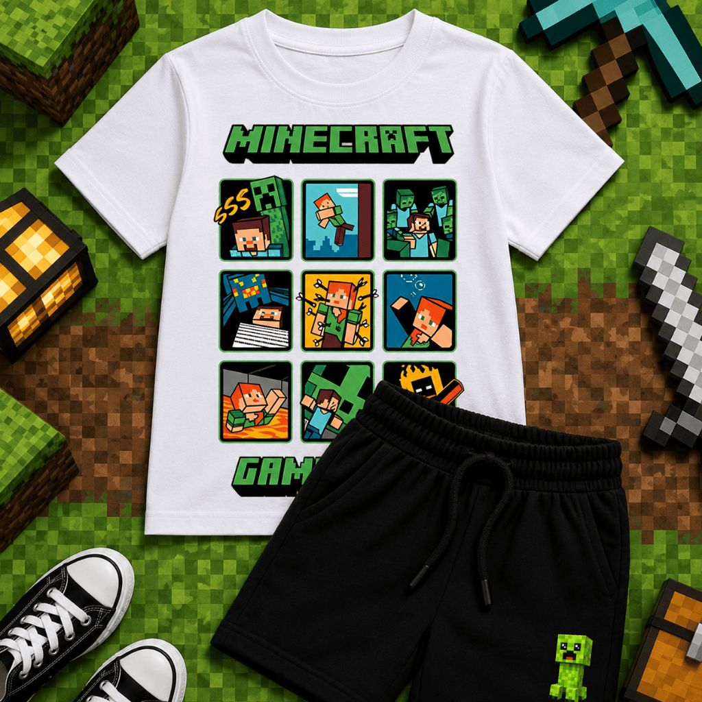 Conjunto Infantil Minecraft Menino Camiseta 100% Algodão + Bermuda Moletinho Roupa Gamer Infantil
