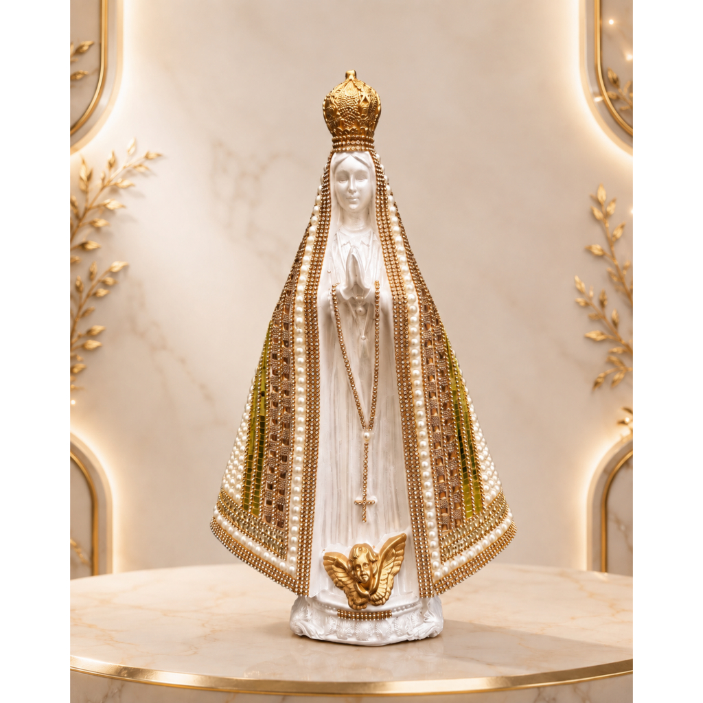 Imagem de Nossa Senhora Aparecida Grande 40cm de Gesso Pérola Bege Frente Branca Strass Italiana!