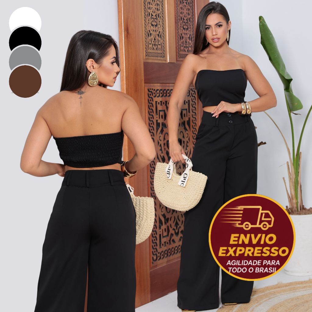 Conjunto Alfaiataria Calça Social com Bolso e Top sem Alça Coleção Verão Elegante