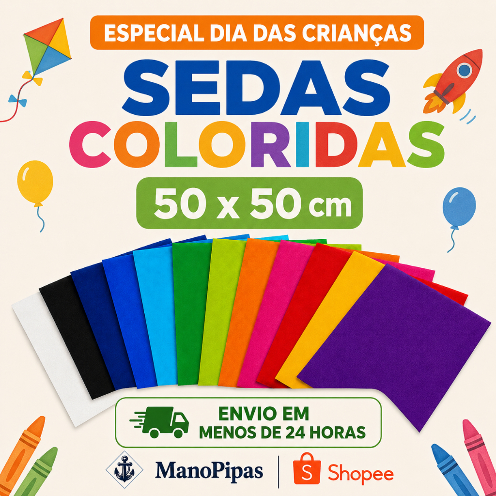 Folha de Seda Colorida 50x50cm Dia das Crianças para Pipas e Artesanato