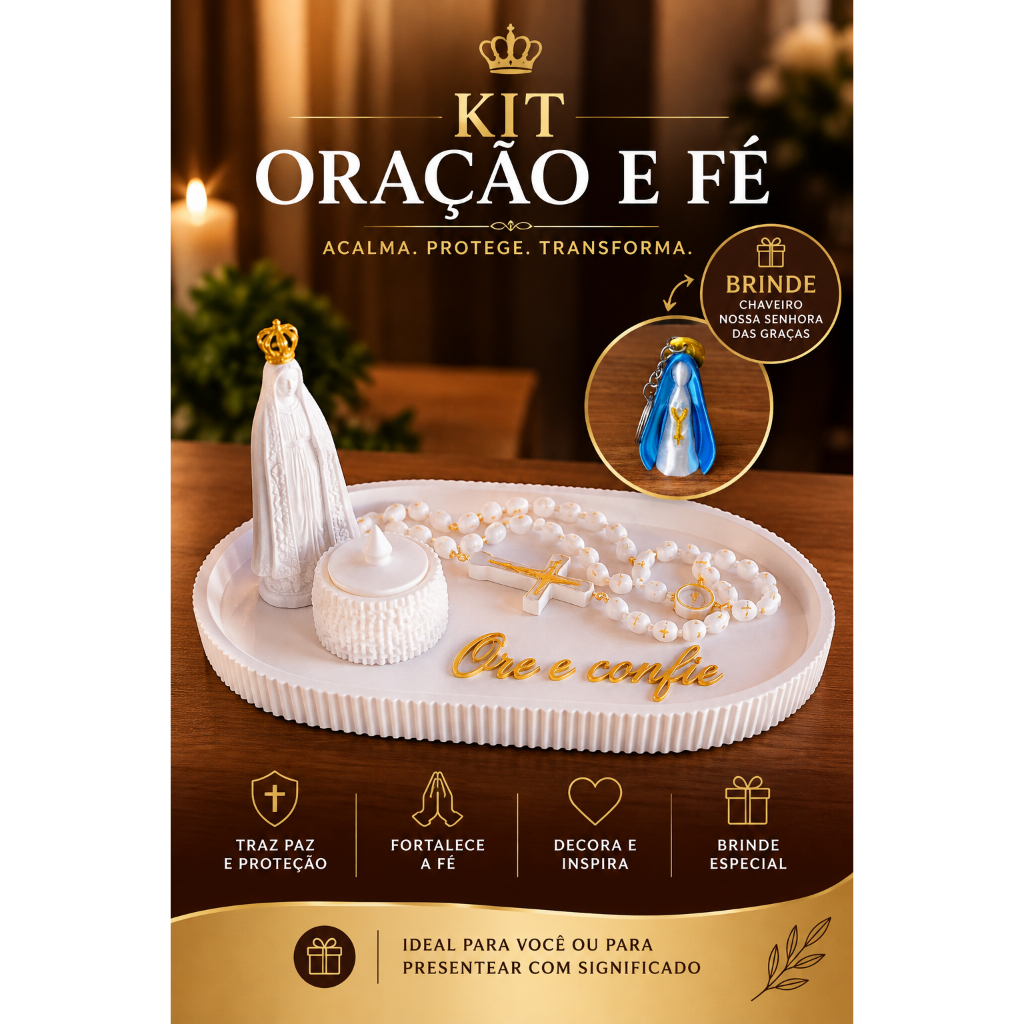 Porta Terço Nossa Senhora Aparecida Bandeja c/ Pezinho Vela Led Suporte Imagem Decorativa Acabamento